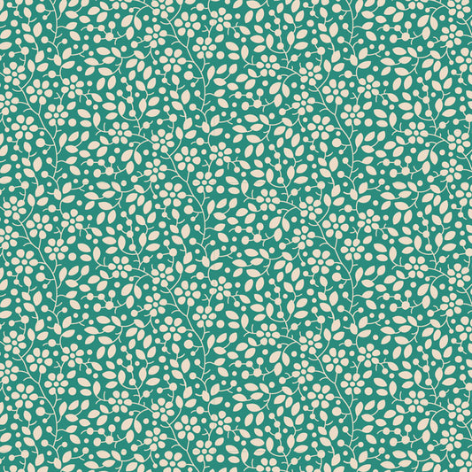 A repeating floral pattern featuring cream-colored flowers and leaves on a teal green background.
Photo by Tildafabrics.com [image_link]