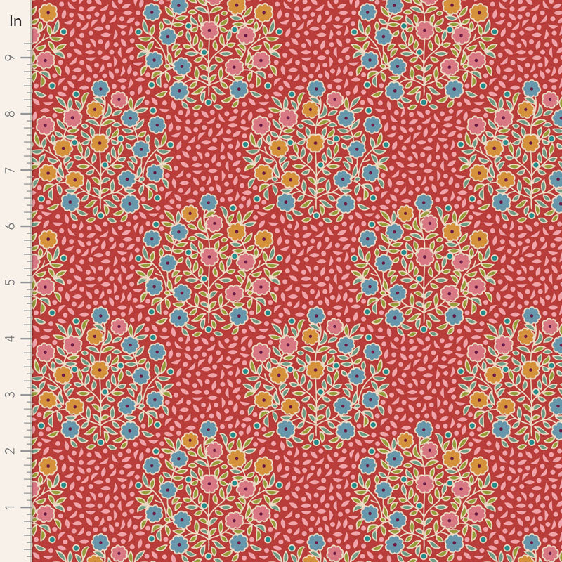 Yardage of Pie in the Sky Confetti Red fabric featuring a floral pattern on a red background.
Photo by Tildafabrics.com [image_link]