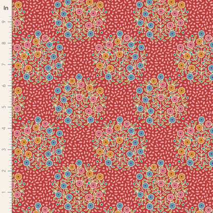 Yardage of Pie in the Sky Confetti Red fabric featuring a floral pattern on a red background.
Photo by Tildafabrics.com [image_link]