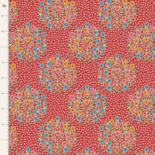 Yardage of Pie in the Sky Confetti Red fabric featuring a floral pattern on a red background.
Photo by Tildafabrics.com [image_link]