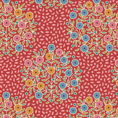 Yardage of Pie in the Sky Confetti Red fabric featuring a floral pattern on a red background.
Photo by Tildafabrics.com [additional_image_link]