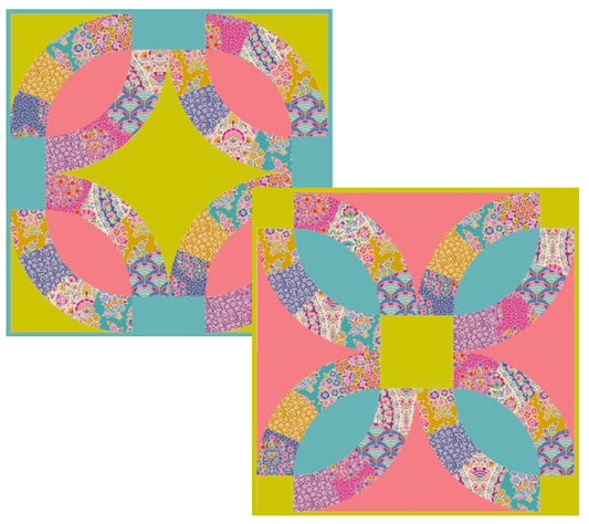 Two quilt designs shown on a white background: a circular patchwork quilt with a yellow center and a pinwheel-style quilt with a pink center, both featuring multicolored patterned fabric sections.
Photo by Tildafabrics.com [image_link]