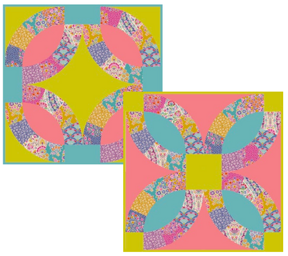 Two quilt designs shown on a white background: a circular patchwork quilt with a yellow center and a pinwheel-style quilt with a pink center, both featuring multicolored patterned fabric sections.
Photo by Tildafabrics.com [image_link]