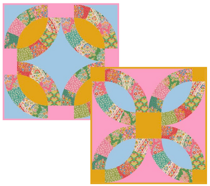 Two quilt blocks shown on a plain white background. The top-left block has a light blue center surrounded by curved floral fabric sections on pink, yellow, green, and red.
Photo by Tildafabrics.com [image_link]