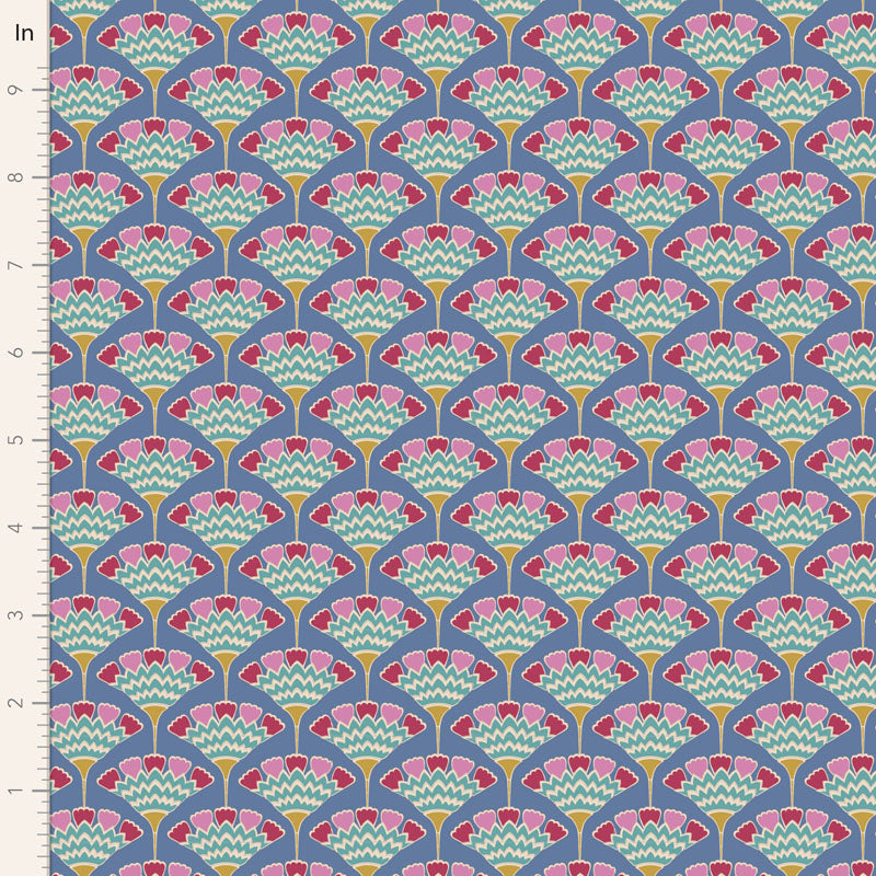 A close-up of a repeating fabric or wallpaper pattern with a ruler scale along the left edge in inches. The design features repeating fan or scallop motifs in muted blue, pink, sage green, and mustard yellow on a light gray background.
Photo by Tildafabrics.com [image_link]