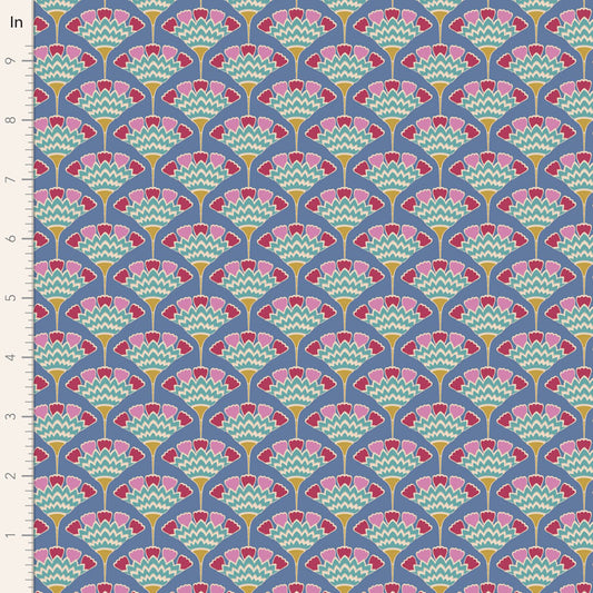 A close-up of a repeating fabric or wallpaper pattern with a ruler scale along the left edge in inches. The design features repeating fan or scallop motifs in muted blue, pink, sage green, and mustard yellow on a light gray background.
Photo by Tildafabrics.com [image_link]