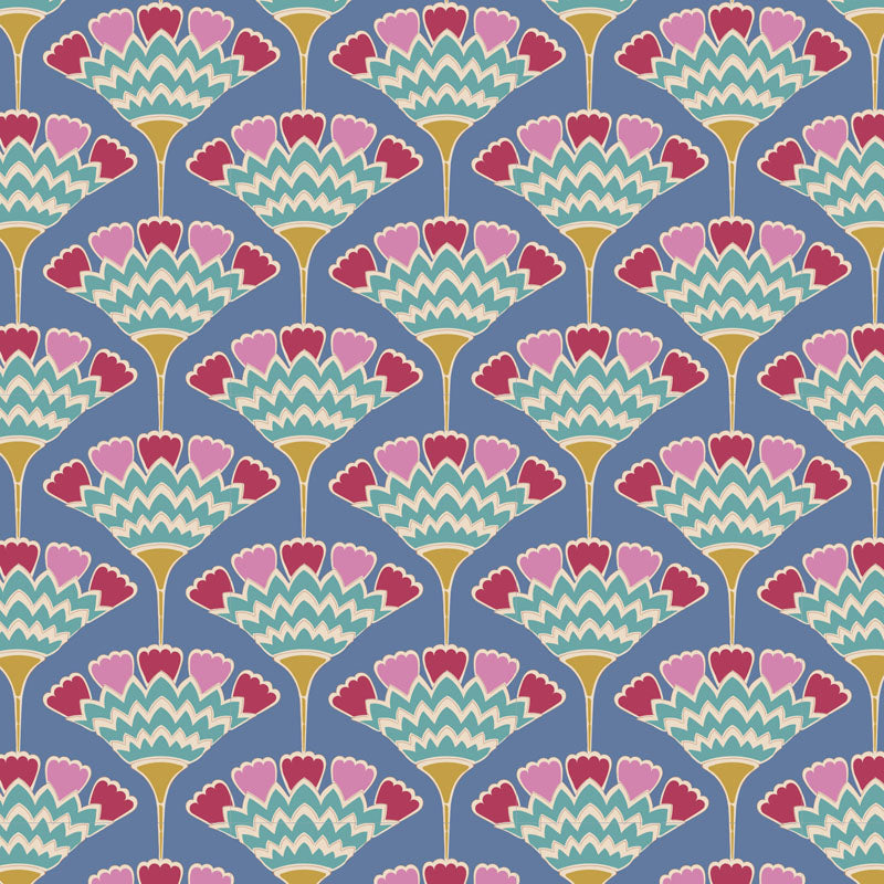 A close-up of a repeating fabric or wallpaper pattern with a ruler scale along the left edge in inches. The design features repeating fan or scallop motifs in muted blue, pink, sage green, and mustard yellow on a light gray background.
Photo by Tildafabrics.com [additional_image_link]