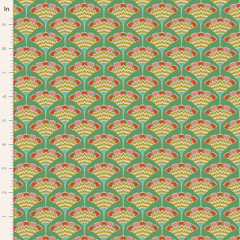 Yardage of Pie in the Sky Tasselflower Green fabric featuring a floral pattern on a green background.
Photo by Tildafabrics.com [image_link]