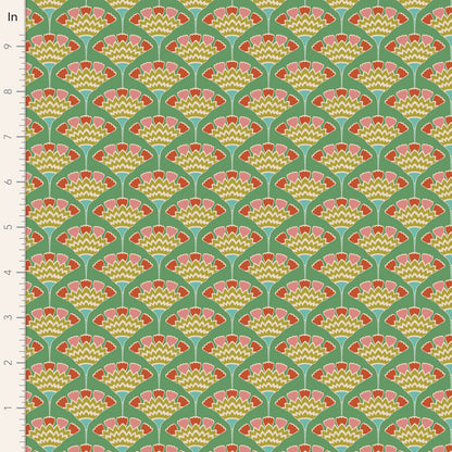 Yardage of Pie in the Sky Tasselflower Green fabric featuring a floral pattern on a green background.
Photo by Tildafabrics.com [image_link]