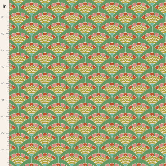 Yardage of Pie in the Sky Tasselflower Green fabric featuring a floral pattern on a green background.
Photo by Tildafabrics.com [image_link]