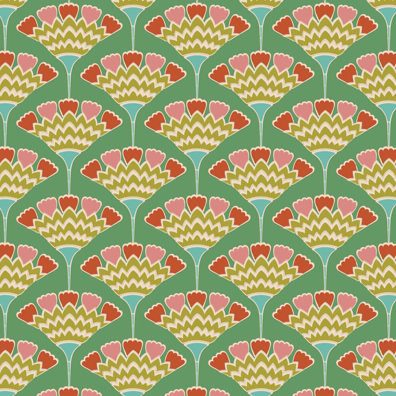 Yardage of Pie in the Sky Tasselflower Green fabric featuring a floral pattern on a green background.
Photo by Tildafabrics.com [additional_image_link]