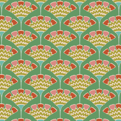 Yardage of Pie in the Sky Tasselflower Green fabric featuring a floral pattern on a green background.
Photo by Tildafabrics.com [additional_image_link]