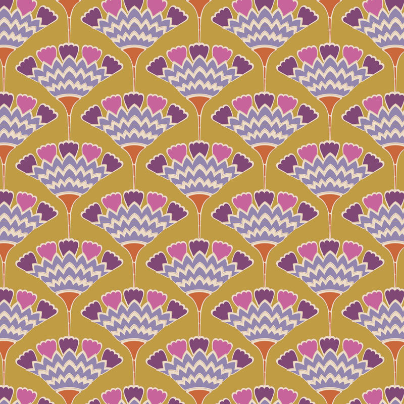 A close-up of a repeating fabric or wallpaper pattern with a mustard yellow background, scalloped fan motifs in pink, purple, and white.
Photo by Tildafabrics.com [additional_image_link]