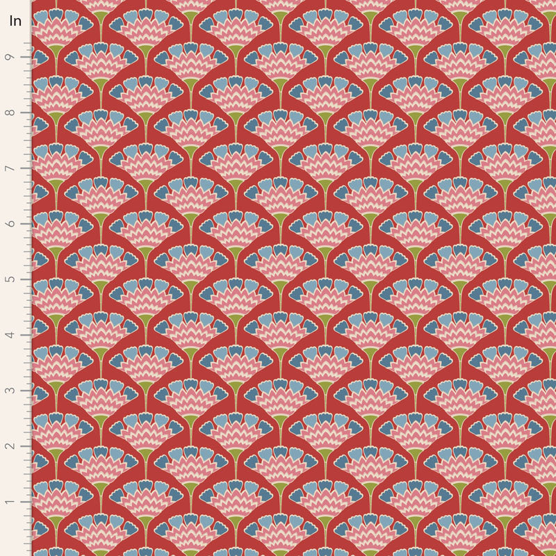 Yardage of Pie in the Sky Tasselflower Red fabric featuring a floral pattern with red, blue, and green colors on a cotton material.
Photo by Tildafabrics.com [image_link]
