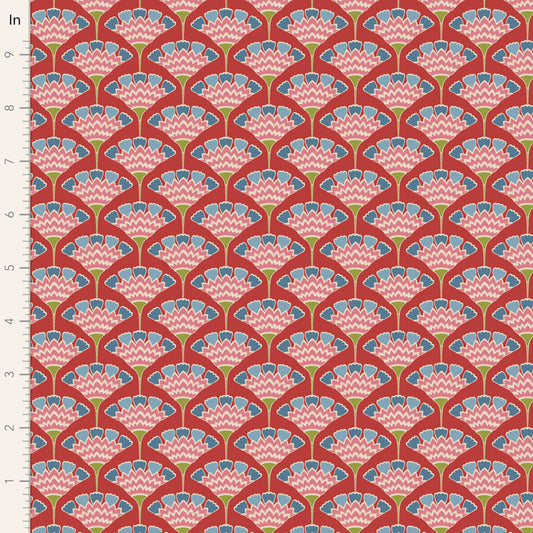 Yardage of Pie in the Sky Tasselflower Red fabric featuring a floral pattern with red, blue, and green colors on a cotton material.
Photo by Tildafabrics.com [image_link]