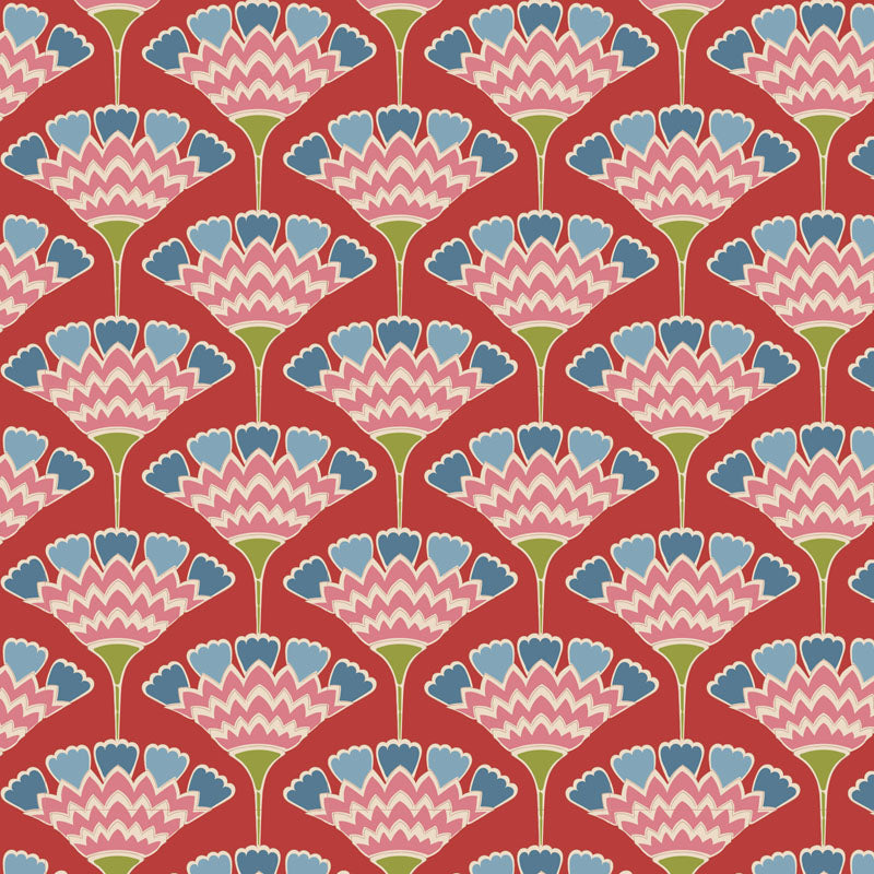 Yardage of Pie in the Sky Tasselflower Red fabric featuring a floral pattern with red, blue, and green colors on a cotton material.
Photo by Tildafabrics.com [additional_image_link]