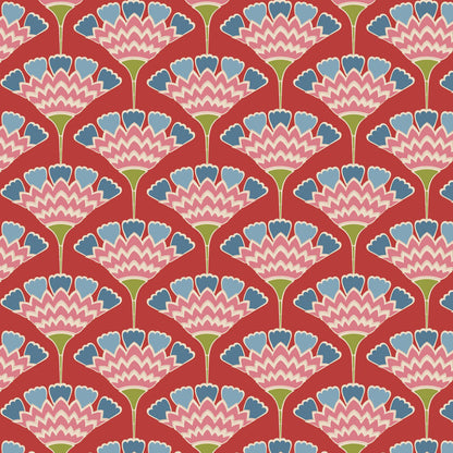 Yardage of Pie in the Sky Tasselflower Red fabric featuring a floral pattern with red, blue, and green colors on a cotton material.
Photo by Tildafabrics.com [additional_image_link]