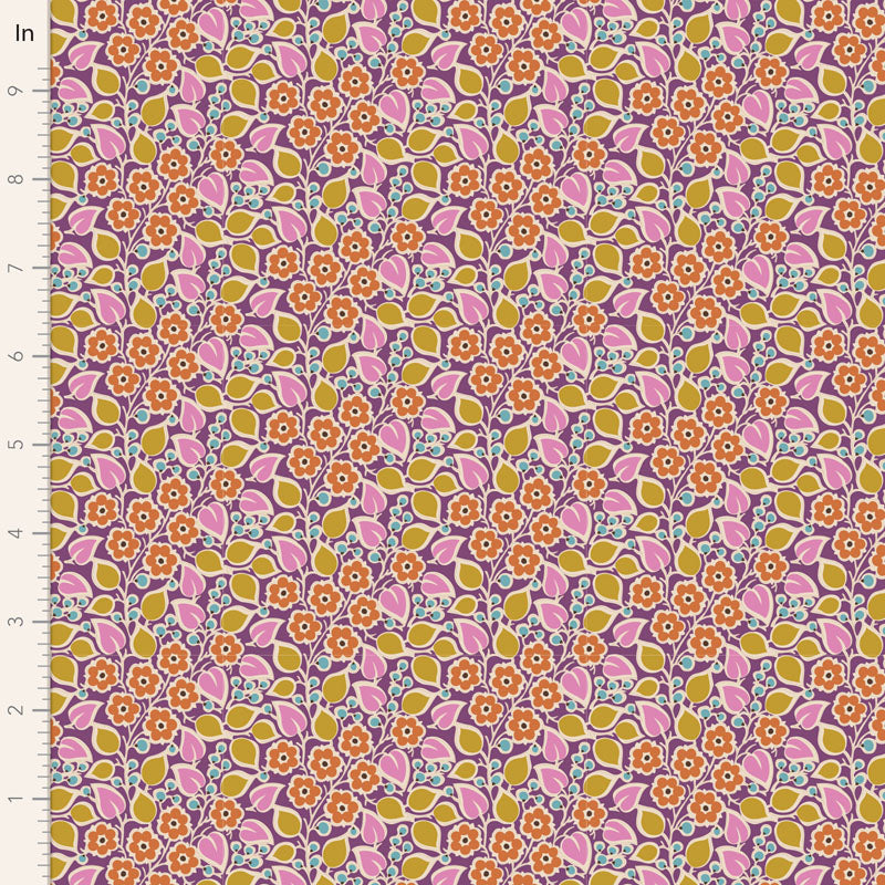A yardage of Pie in the Sky TopsyTurvy Plum fabric by Tone Finnanger for Tilda Fabrics, displaying a floral pattern with pink, orange, and green colors.
Photo by Tildafabrics.com [image_link]