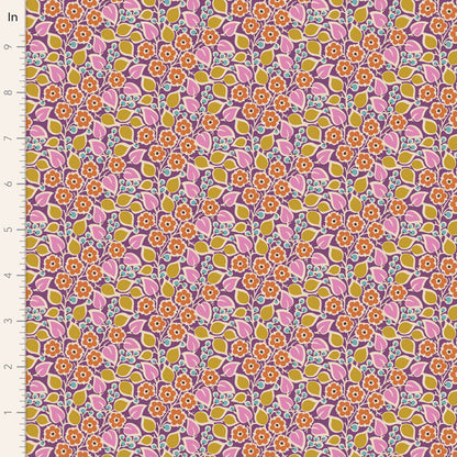 A yardage of Pie in the Sky TopsyTurvy Plum fabric by Tone Finnanger for Tilda Fabrics, displaying a floral pattern with pink, orange, and green colors.
Photo by Tildafabrics.com [image_link]