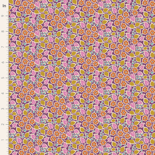 A yardage of Pie in the Sky TopsyTurvy Plum fabric by Tone Finnanger for Tilda Fabrics, displaying a floral pattern with pink, orange, and green colors.
Photo by Tildafabrics.com [image_link]
