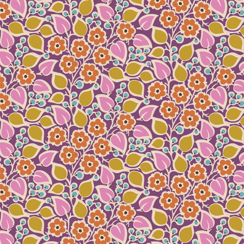 A yardage of Pie in the Sky TopsyTurvy Plum fabric by Tone Finnanger for Tilda Fabrics, displaying a floral pattern with pink, orange, and green colors.
Photo by Tildafabrics.com [additional_image_link]