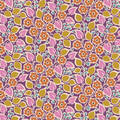 A yardage of Pie in the Sky TopsyTurvy Plum fabric by Tone Finnanger for Tilda Fabrics, displaying a floral pattern with pink, orange, and green colors.
Photo by Tildafabrics.com [additional_image_link]