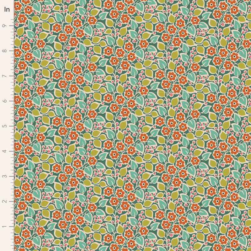 A piece of fabric featuring a floral pattern with orange, green, and white colors on a blue background.
Photo by Tildafabrics.com [image_link]