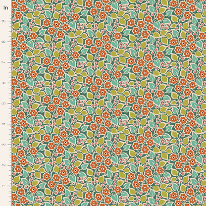 A piece of fabric featuring a floral pattern with orange, green, and white colors on a blue background.
Photo by Tildafabrics.com [image_link]