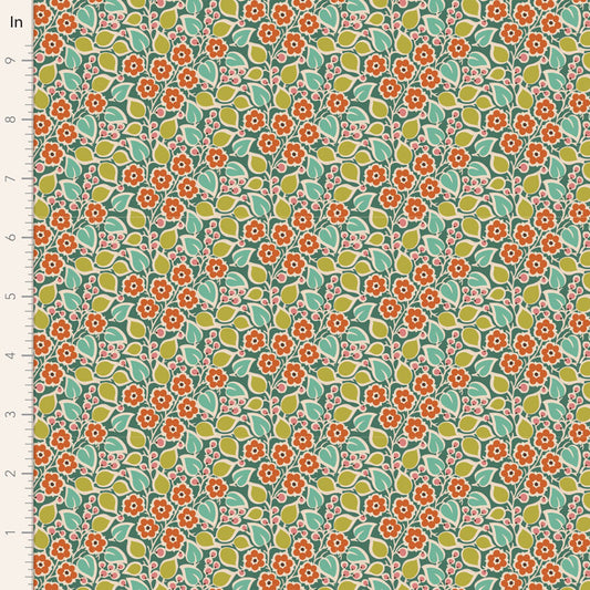 A piece of fabric featuring a floral pattern with orange, green, and white colors on a blue background.
Photo by Tildafabrics.com [image_link]
