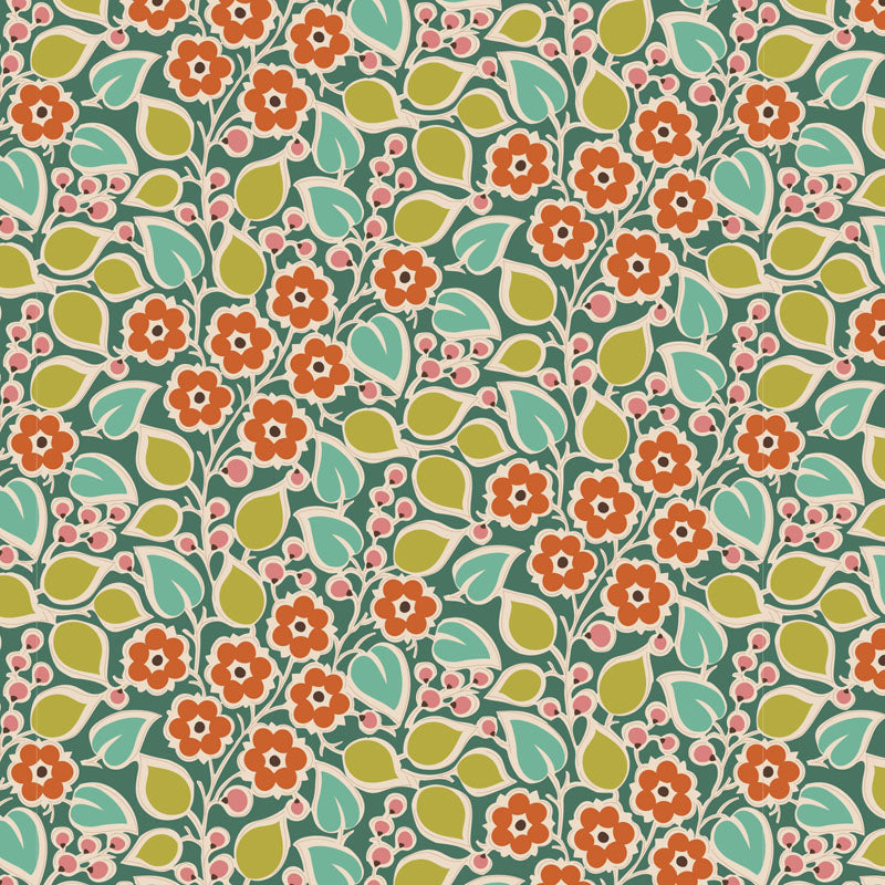 A piece of fabric featuring a floral pattern with orange, green, and white colors on a blue background.
Photo by Tildafabrics.com [additional_image_link]