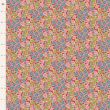 A close-up of a repeating floral patterned fabric or wallpaper sample with a ruler scale on the left edge. The pattern features pink flowers with blue centers and green leaves on a coral-red background.
Photo by Tildafabrics.com [image_link]