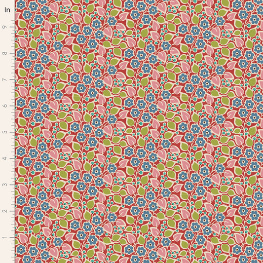 A close-up of a repeating floral patterned fabric or wallpaper sample with a ruler scale on the left edge. The pattern features pink flowers with blue centers and green leaves on a coral-red background.
Photo by Tildafabrics.com [image_link]
