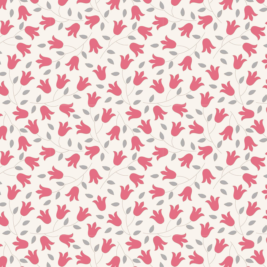 A repeating floral pattern featuring red tulip-like flowers and delicate gray leaves on a warm off-white background.
Photo by Tildafabrics.com [additional_image_link]
