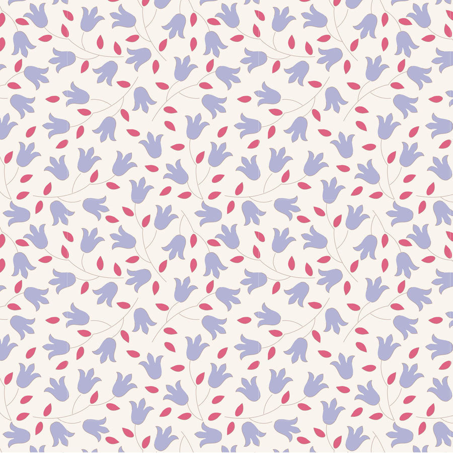 Pattern of blue  bell shaped flowers and red leaves on a white background.
Photo by Tildafabrics.com [image_link]