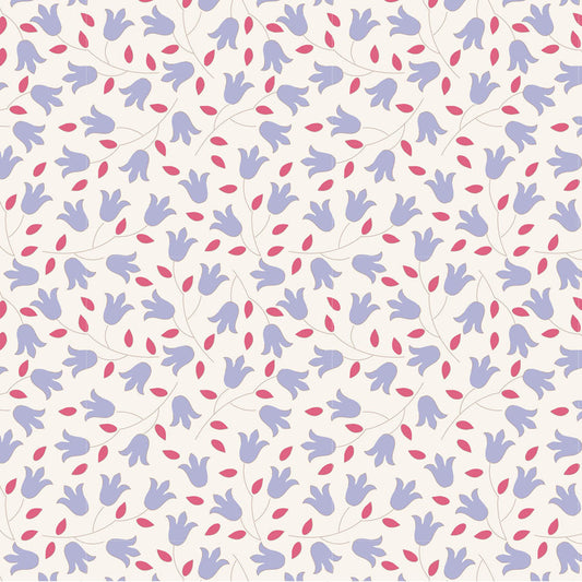 Pattern of blue  bell shaped flowers and red leaves on a white background.
Photo by Tildafabrics.com [image_link]