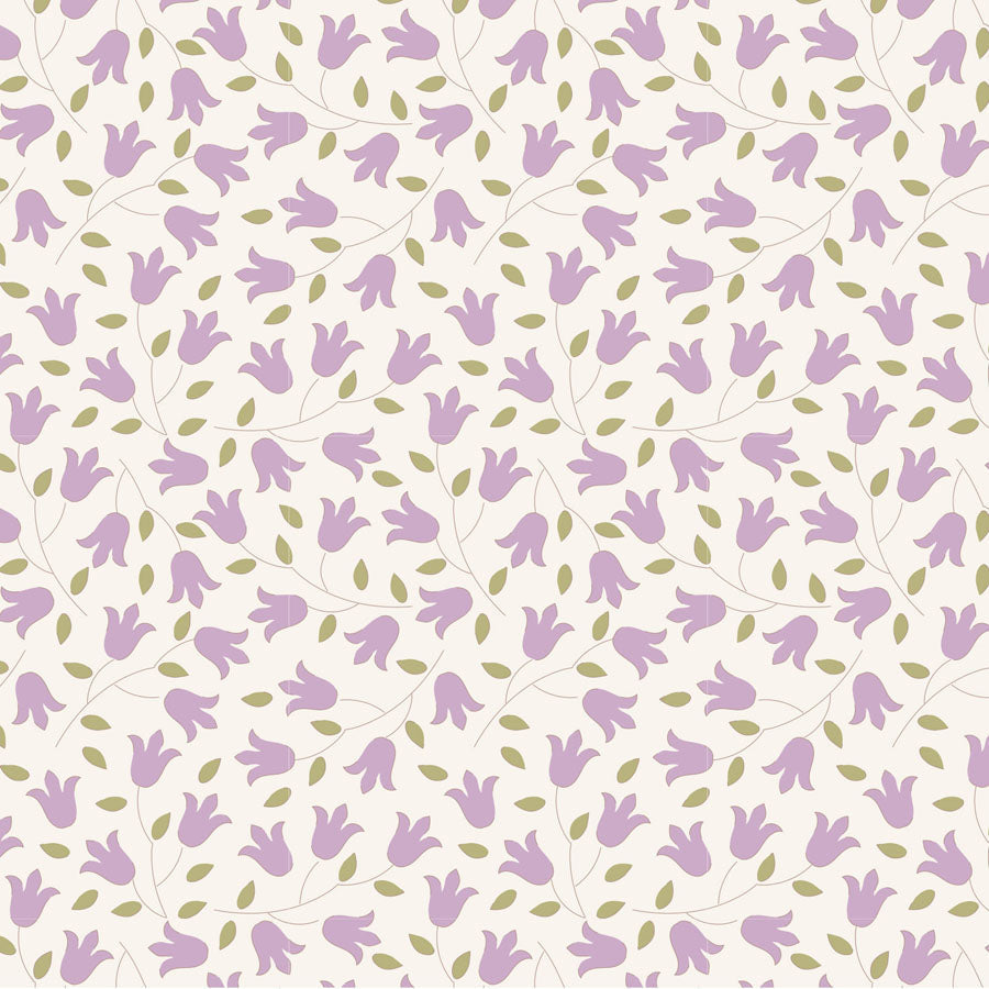 A repeating floral pattern featuring light purple bell-shaped flowers and small olive-green leaves on a warm off-white background.
Photo by Tildafabrics.com [image_link]