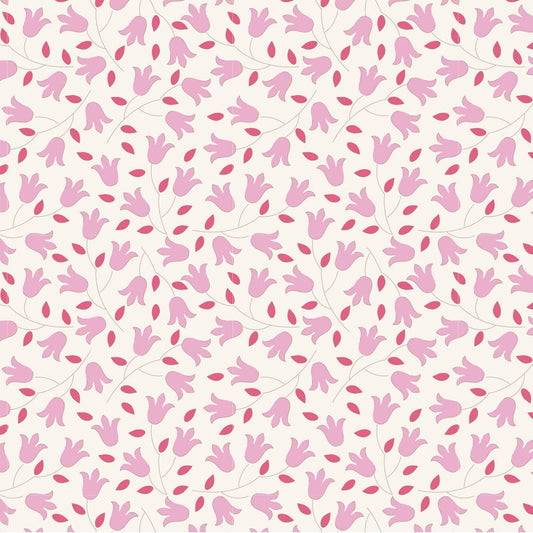 A repeating floral pattern featuring light pink tulip-like blossoms and darker pink leaves on thin stems over a warm off-white background.
Photo by Tildafabrics.com [image_link]