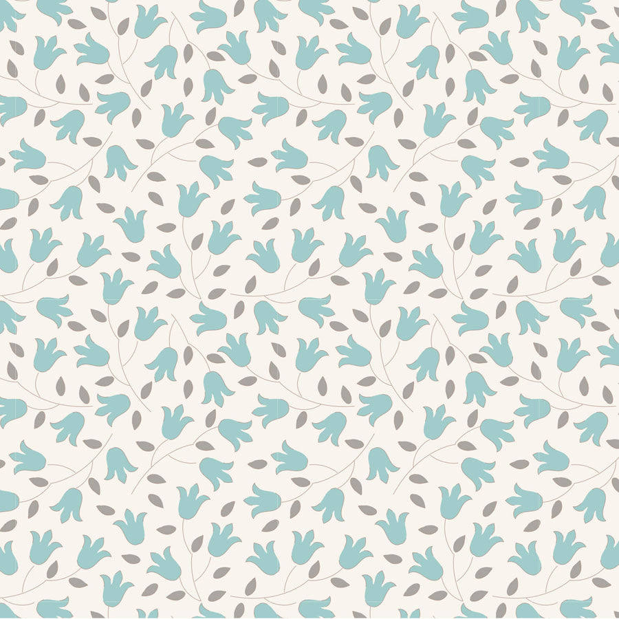 A repeating floral pattern featuring light teal tulip-like blossoms and small gray leaves on a warm off-white background.
Photo by Tildafabrics.com [image_link]