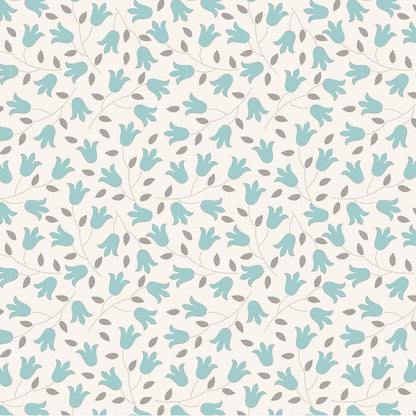 A repeating floral pattern featuring light teal tulip-like blossoms and small gray leaves on a warm off-white background.
Photo by Tildafabrics.com [image_link]