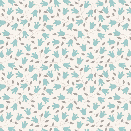 A repeating floral pattern featuring light teal tulip-like blossoms and small gray leaves on a warm off-white background.
Photo by Tildafabrics.com [image_link]
