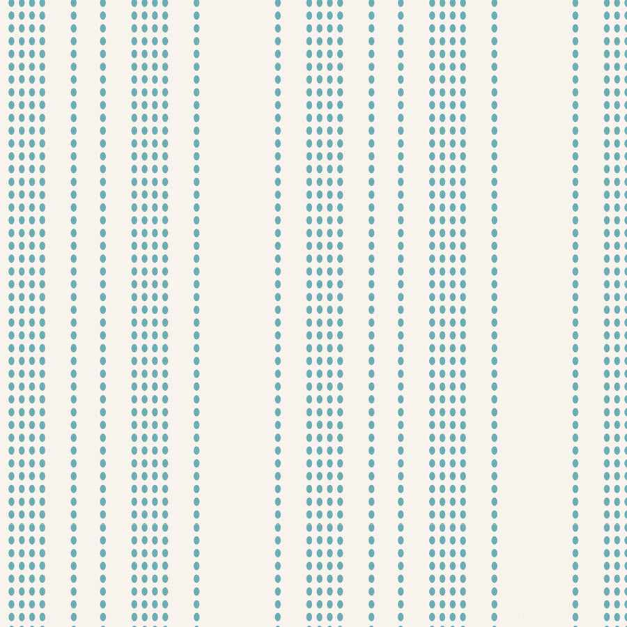 A repeating vertical stripe pattern featuring dotted lines in a muted teal color on a warm off-white background.
Photo by Tildafabrics.com [additional_image_link]