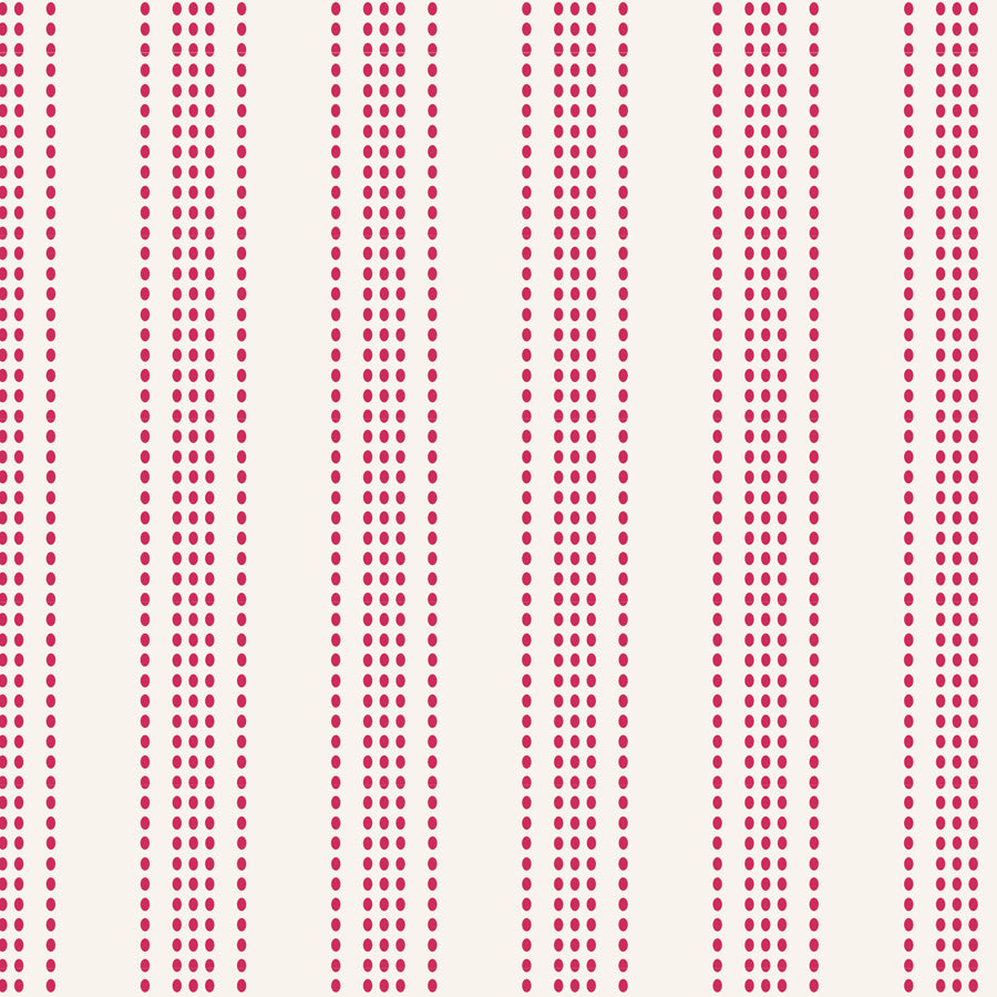 A repeating vertical stripe pattern featuring dense columns of small red dots on a warm off-white background.
Photo by Tildafabrics.com [additional_image_link]