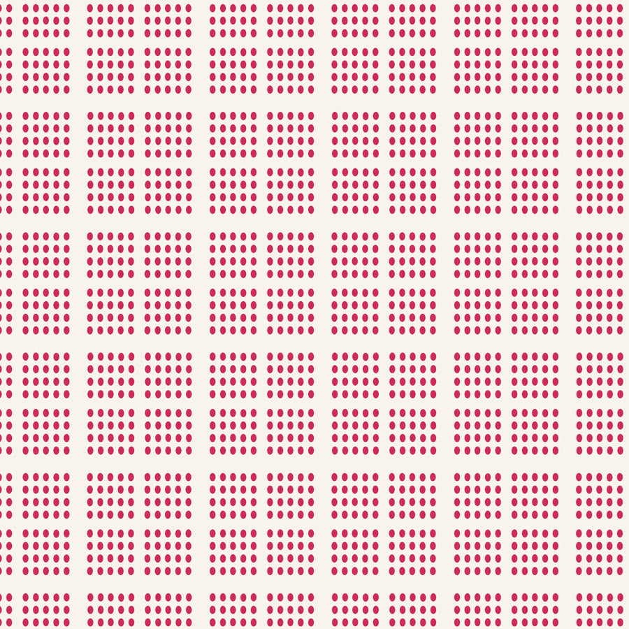 A repeating geometric pattern of small red dots arranged in rows on a light beige background.
Photo by Tildafabrics.com [additional_image_link]