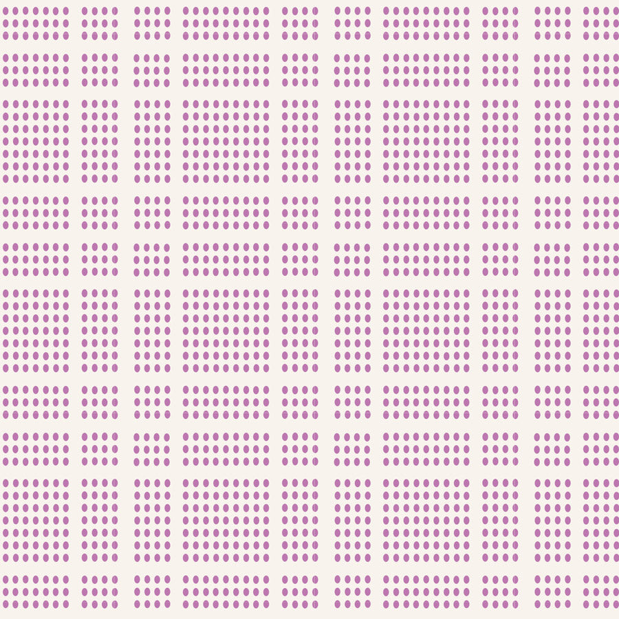 A repeating geometric pattern of small lavender-purple dots arranged in rows on a warm off-white background.
Photo by Tildafabrics.com [additional_image_link]
