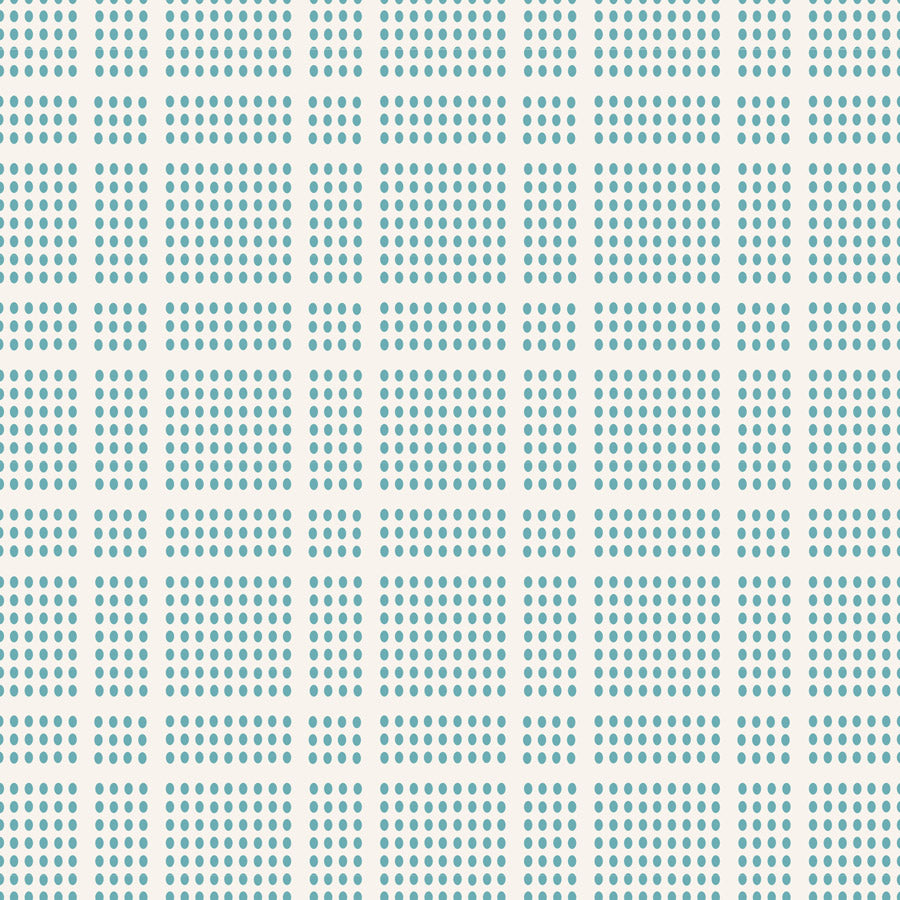 A repeating geometric pattern of small teal dots arranged in vertical columns on a white background.
Photo by Tildafabrics.com [additional_image_link]