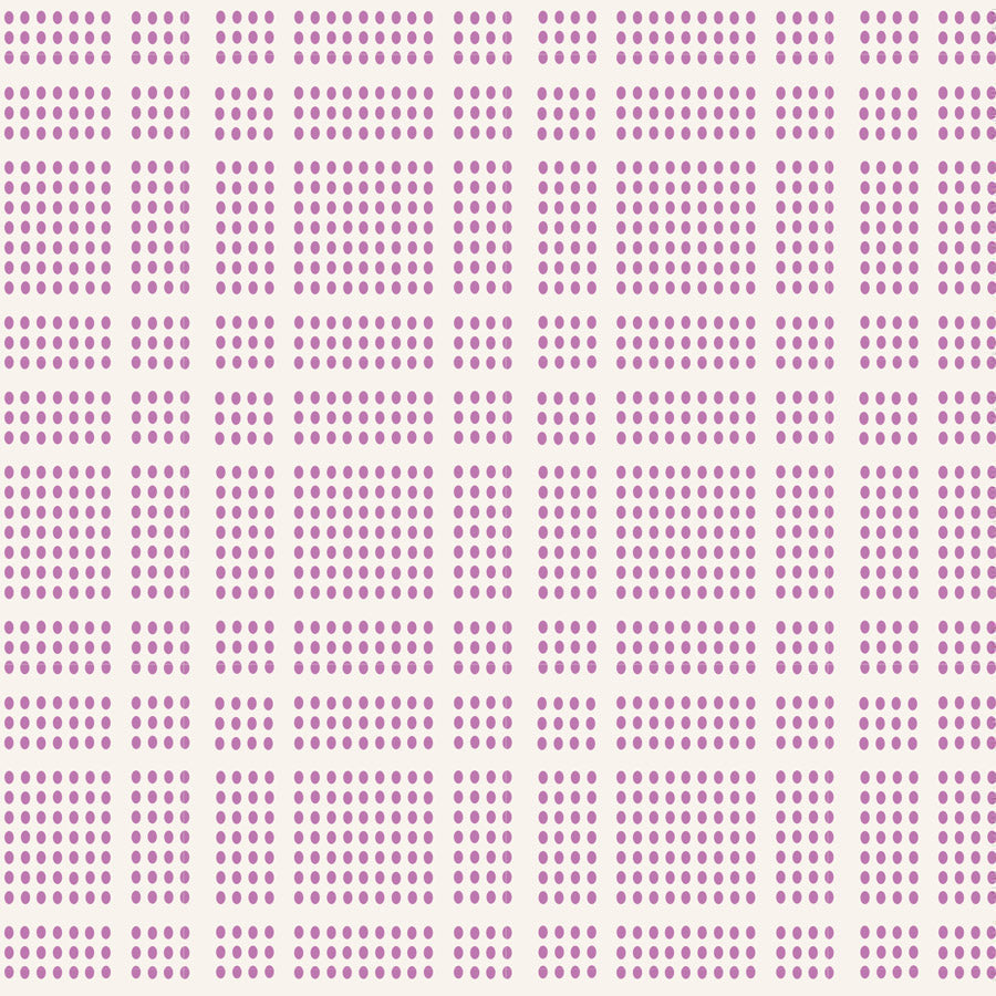 A repeating geometric pattern of small lavender-purple dots arranged in rows on a warm off-white background.
Photo by Tildafabrics.com [image_link]