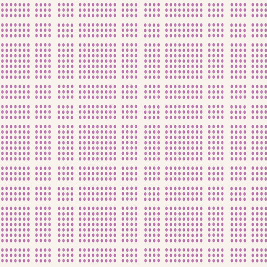 A repeating geometric pattern of small lavender-purple dots arranged in rows on a warm off-white background.
Photo by Tildafabrics.com [image_link]