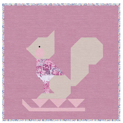 A square textile-style artwork or patchwork design featuring a stylized squirrel in profile on a pink background, with a floral-patterned chest and a multicolored dotted border around the edges.
Photo by Tildafabrics.com [image_link]