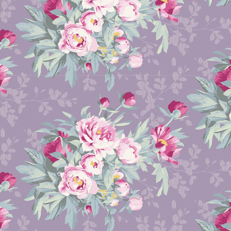 A repeating floral pattern featuring pink peony-like flowers with pale green leaves on a lavender-purple background with a subtle leafy motif.
Photo by Tildafabrics.com [additional_image_link]