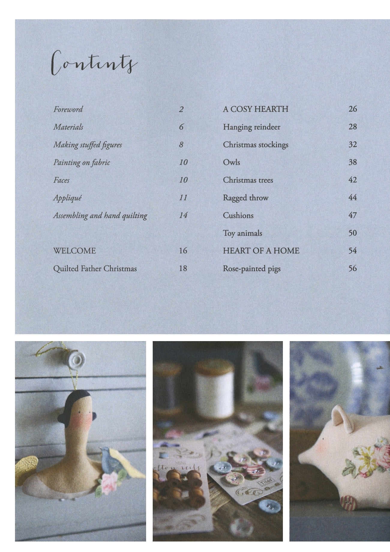 A printed booklet or book page with a table of contents at the top and three small photos along the bottom. The page is pale blue-gray with black text, and the photos show handmade quilting items such as a doll head, a hanging spindle, a ragged throw, and a pig-shaped pillow.
Photo by Tildafabrics.com [additional_image_link]
